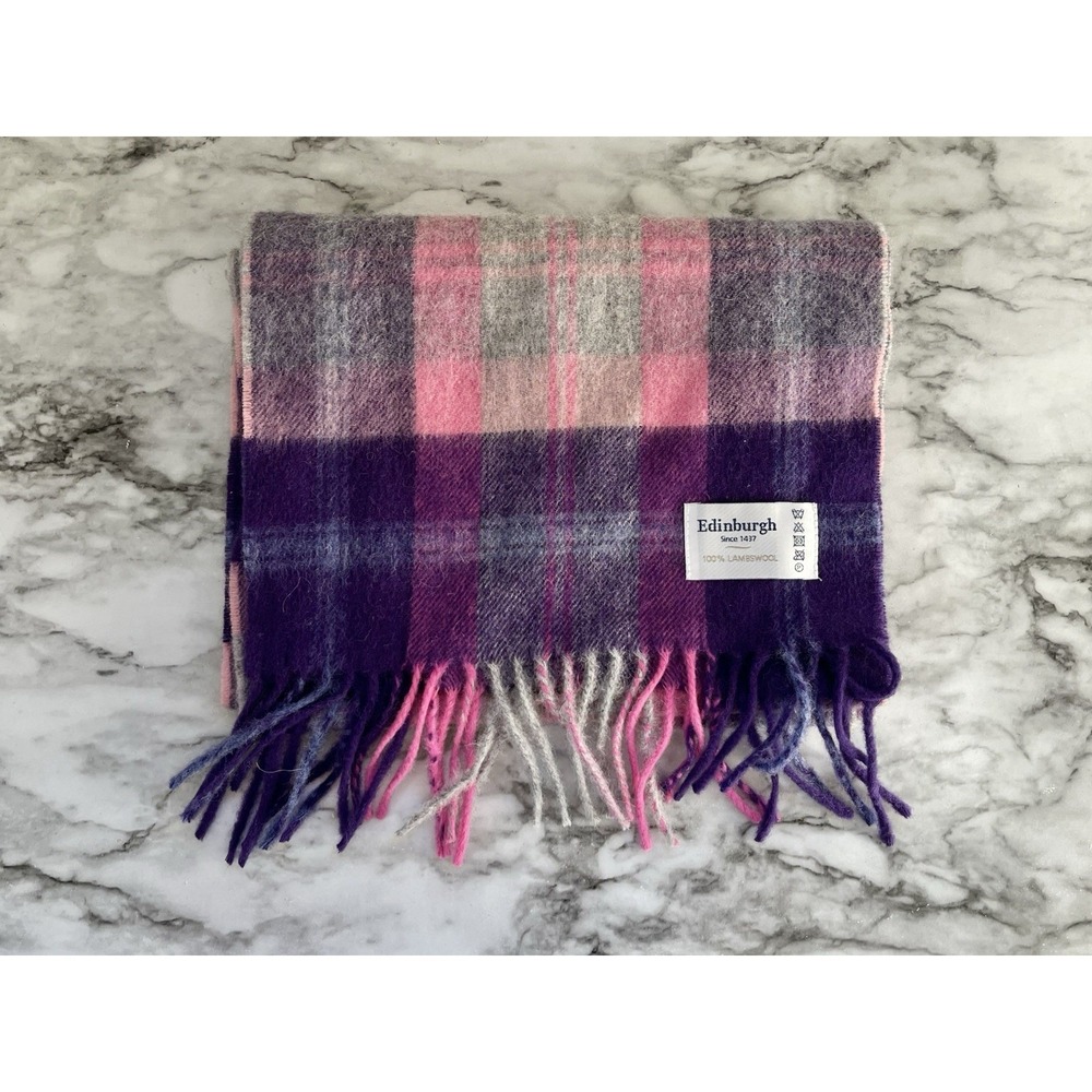 Edinburgh 100% Lambswool Plaid Pink Purple Scarf Scotland Fringe